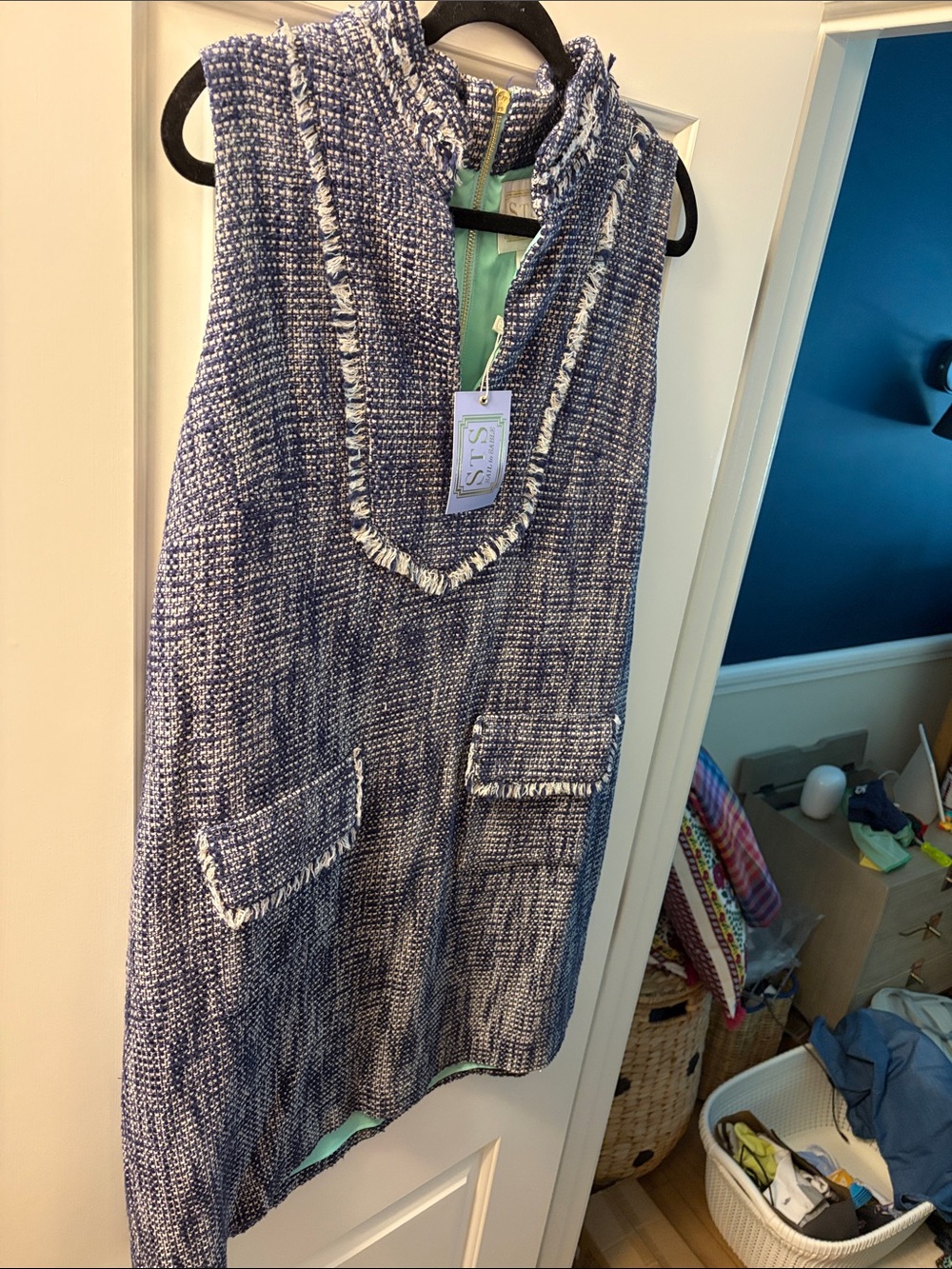 Blue Tweed Sleeveless Womens Dress with Fringe Trim